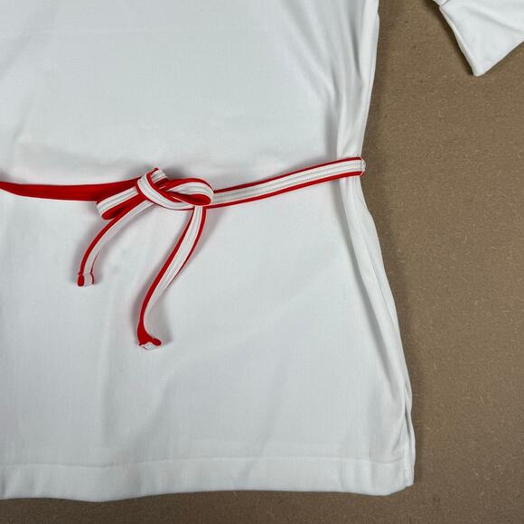 Vintage 70s Japan Import White Red Trim Belted Polyester Top Blouse Mod Disco M - Picture 5 of 7